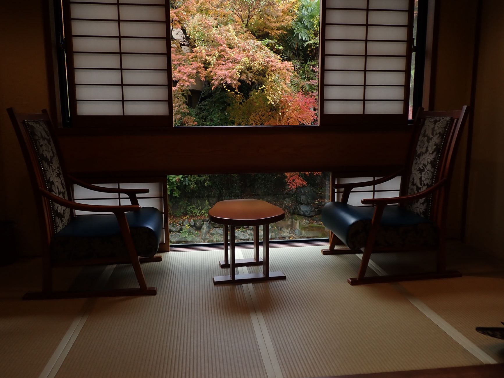 Quiet Japanese ryokan room with tatami mats and view of moss garden